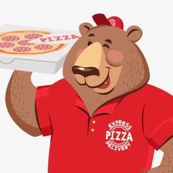 Bear Necessities Delivered - A brown bear wearing a red shirt, holding a pizza box. The red shirt says Pizza: Express Delivery