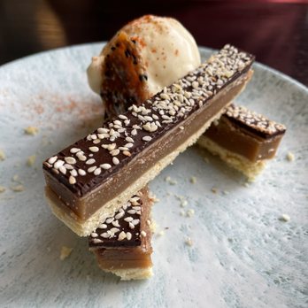 The Foxtail - Tahini Dream Bars - shortbread, sesame caramel, chocolate, spicy vanilla ice cream - Breakfast & Brunch Near Me - Downers Grove, Illinois The Foxtail - Tahini Dream Bars - shortbread, sesame caramel, chocolate, spicy vanilla ice cream - Breakfast & Brunch Near Me - Downers Grove, Illinois