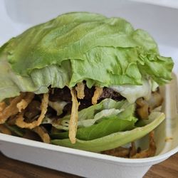 MOOYAH Burgers, Fries & Shakes - Double lettuce wrap burger.