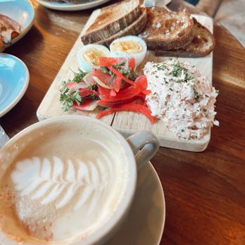 Gralehaus - Latte and smoked fish board with sourdough bread substitute. - Beer Bar Near Me - Louisville, Kentucky