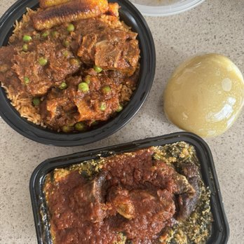 Voila Afrique - Fufu, egusi with goat and 2 donuts/puff puff; Jollof Rice, Oxtail and plantains - Latin American Near Me - Hackensack, New Jersey