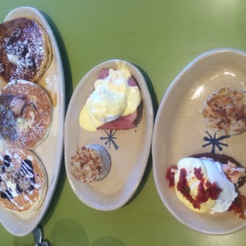 Snooze, an A.M. Eatery - L-R the Pancake flight, Ham Benedict III and the Benny Goldman cause I'm a big salmon fan - Breakfast & Brunch Near Me - Lone Tree, Colorado