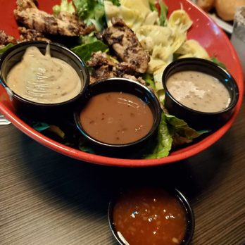 Mellow Mushroom Mesa - Salad w artichoke hearts, blackened jerk chicken and 4 different dressings, thai sweet chili, balsamic, house, and the herb vin - Salad Near Me - Mesa, Arizona Mellow Mushroom Mesa - Salad w artichoke hearts, blackened jerk chicken and 4 different dressings, thai sweet chili, balsamic, house, and the herb vin - Salad Near Me - Mesa, Arizona