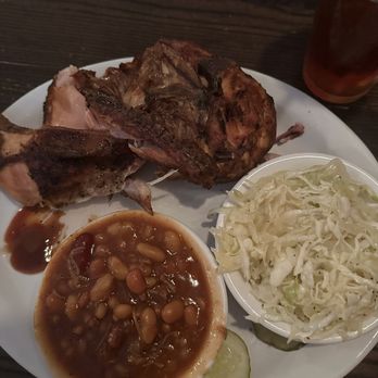 Tin Kitchen - Half smoked chicken, barbecue beans and coleslaw - Barbeque Near Me - Weston, Missouri