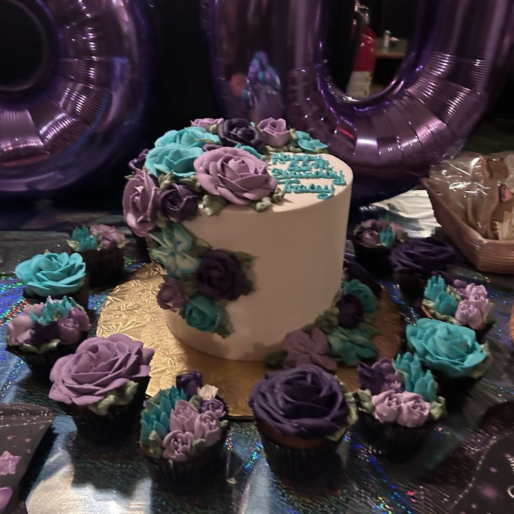 Kia's Cakes - Aqua blue and purple floral birthday cake. 9" 3 layers. With a dozen matching cupcakes. - Cupcakes Near Me - Lansdowne, Pennsylvania Kia's Cakes - Aqua blue and purple floral birthday cake. 9" 3 layers. With a dozen matching cupcakes. - Cupcakes Near Me - Lansdowne, Pennsylvania