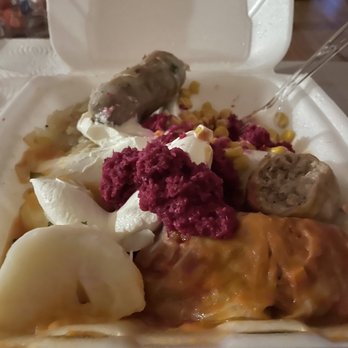 Sabina's Restaurant - Carryout combination plate! Boiled potatoes and fresh kielbasa on this one! Dearborn brand horseradish provided by me! - Polish Near Me - Melvindale, Michigan Sabina's Restaurant - Carryout combination plate! Boiled potatoes and fresh kielbasa on this one! Dearborn brand horseradish provided by me! - Polish Near Me - Melvindale, Michigan