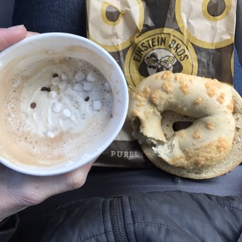 Einstein Bros. Bagels - Asiago bagel, underdone, little cheese. Campfire mocha, no lid. - Sandwiches Near Me - Castle Rock, Colorado Einstein Bros. Bagels - Asiago bagel, underdone, little cheese. Campfire mocha, no lid. - Sandwiches Near Me - Castle Rock, Colorado