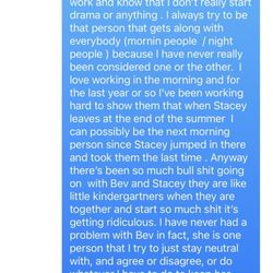Text to the owners of Atlantic family restaurant regarding my concerns of a toxic and hostile workplace