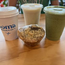 Soma Coffee House - * almond milk latte  * blueberry buckwheat muffin * lethal weapon smoothie  * banana colada smoothie
