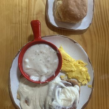 Baker's Kitchen - Cinnamon bun with biscuits and gravy and eggs - Southern Near Me - New Bern, North Carolina