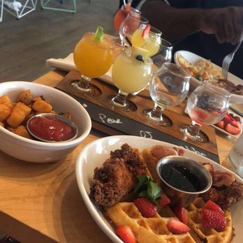 Halcyon - Chicken, bacon & waffles. With a side of potatoes. - Breakfast & Brunch Near Me - Dallas, Texas Halcyon - Chicken, bacon & waffles. With a side of potatoes. - Breakfast & Brunch Near Me - Dallas, Texas