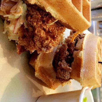The Iron Press - The fried chicken waffle sandwich ($12), cheddar waffle and slaw. Was just alright - Beer Bar Near Me - Anaheim, California The Iron Press - The fried chicken waffle sandwich ($12), cheddar waffle and slaw. Was just alright - Beer Bar Near Me - Anaheim, California