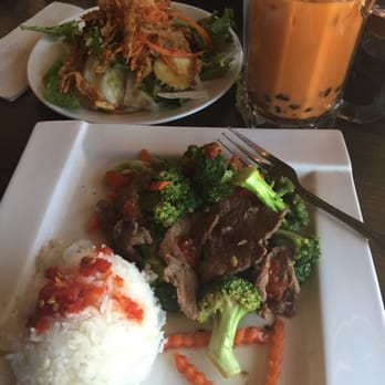Thailicious - Broccoli Madness with a side salad and Thai Iced Tea with Boba! - Thai Near Me - Artesia, California