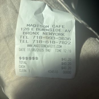 Madison Cafe - The receipt that she provided for our meal, what type of receipt is this? - Cafes Near Me - Bronx, New York Madison Cafe - The receipt that she provided for our meal, what type of receipt is this? - Cafes Near Me - Bronx, New York