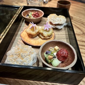 Lazy Bear - Favorite course of the night! Tomatoes - Green Heirloom, Sungold (Beef Tartare, Puffed Beef Tendon), Early Girl (Sourdough, Cucumber) - New American Near Me - San Francisco, California