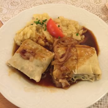 Der Foehrich - Maultaschen with potato salad and a nice sauce over top. - Swabian Near Me - Stuttgart, BW Der Foehrich - Maultaschen with potato salad and a nice sauce over top. - Swabian Near Me - Stuttgart, BW