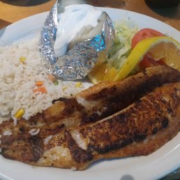 Filete with rice and baked potato