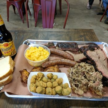 BBQ2U - Pork ribs, brisket, pulled pork, chicken thighs, sausage, mac-n-cheese, fried okra, and a shiner bock - Barbeque Near Me - Gig Harbor, Washington