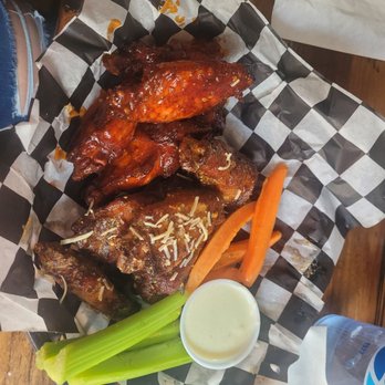 Born In A Barn - 10 smoked Wings half spicy garlic, half sparkys fire. - American Near Me - Laramie, Wyoming Born In A Barn - 10 smoked Wings half spicy garlic, half sparkys fire. - American Near Me - Laramie, Wyoming