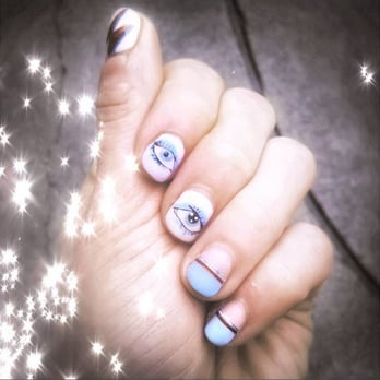 Pizza Perfect Nails - David Bowie Tribute with hand painted eyes, metallic tape, and a matte finish on the blue portion. - Nail Salons Near Me - Oakland, California Pizza Perfect Nails - David Bowie Tribute with hand painted eyes, metallic tape, and a matte finish on the blue portion. - Nail Salons Near Me - Oakland, California