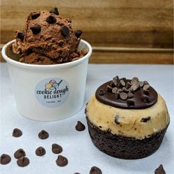 Cookie Dough Delight - Double scoop Brownie Batter Cookie Dough and a Fudge Brownie, topped with chocolate chip cookie dough and chocolate ganache.