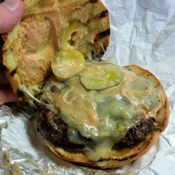 Extra Napkin - The Albany burger w\ hand-shaped patty, caramelized onions, mushrooms, pickles, pepper jack, & Extra Napkin sauce. - Salad Near Me - Delmar, New York