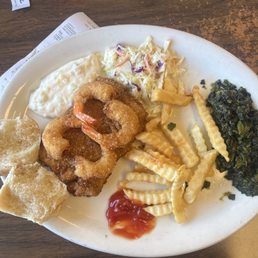 #4 1 pcs fish (white pollock fish) and 4 shrimp (non-deveined) w/ spinach, coleslaw, and fries. #4 1 pcs fish (white pollock fish) and 4 shrimp (non-deveined) w/ spinach, coleslaw, and fries.