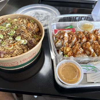 Yami Hibachi - Chicken, steak, and shrimp fried rice with the rock and roll roll - Japanese Near Me - Metairie, Louisiana