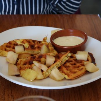 Aracely Cafe - Cornmeal Waffles with candied apple, and vanilla custard! - New American Near Me - San Francisco, California