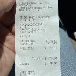 Chevron - Receipt notice the date, and it was 6.59 for 11.41 gallon. (Filled up) 5/30, 5:32pm