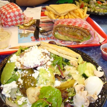 Legends Classic Diner - Greek salad shared with a veggie burger and small fries - American Near Me - Glendora, California Legends Classic Diner - Greek salad shared with a veggie burger and small fries - American Near Me - Glendora, California