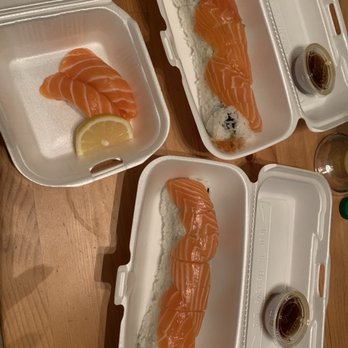 J Sushi Orange - Salmon on Crunchy Roll (top left) Salmon on California Roll/ SUNSHINE (bottom right) Salmon Sushi - Sushi Bars Near Me - Orange, California