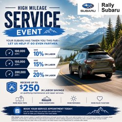 Rally Subaru - Your Subaru deserves a little extra love!
The more adventures you've shared, the more you can save during our High Mileage Service Event