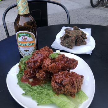 MISC - Scallion pancake, wings, and Beer Lao - Thai Near Me - Brooklyn, New York