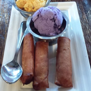 Tapsilog Bistro - Dessert! Fried banana/jackfruit with ube ice cream and corn with cheese ice cream. - Filipino Near Me - Campbell, California