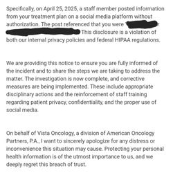 Vista Oncology - Email from Vista admitting to HIPAA violation and there were other HIPAA violations on top of this one
