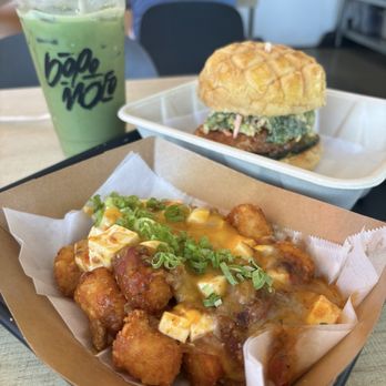 Bopomofo Cafe - Spicy Taiwanese Fried Chicken Sandwich with Mapo Tots and Ba-La Matcha. - Bubble Tea Near Me - San Gabriel, California Bopomofo Cafe - Spicy Taiwanese Fried Chicken Sandwich with Mapo Tots and Ba-La Matcha. - Bubble Tea Near Me - San Gabriel, California