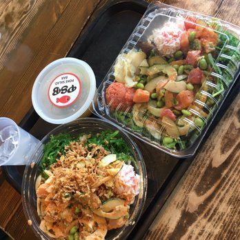Poke Salad Bar - Two mediums. One brown rice the other half and half. SO GOOD - Poke Near Me - Pasadena, California
