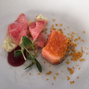 Michael Warring - Salmon with verjus, cauliflower,shaved watermelon radish, and compressed roe - New American Near Me - Vallejo, California