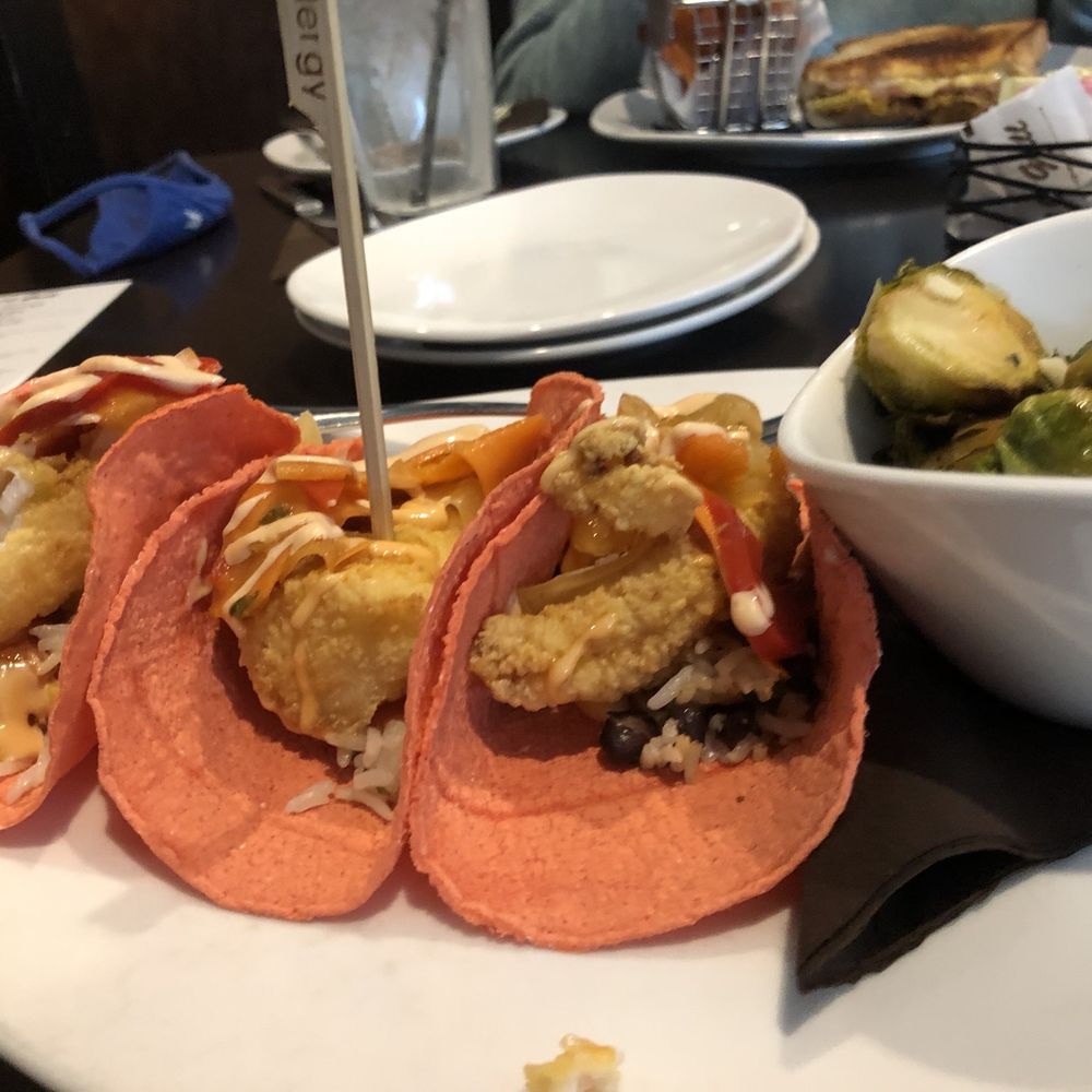 110 Grill - Fish Taco gluten free breading corn tortillas with side of Brussels sprouts SCRUMPTIOUS - New American Near Me - Worcester, Massachusetts
