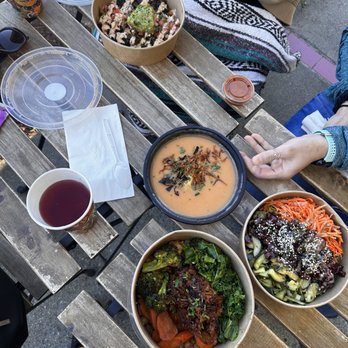 lil’ Vegerie - From top is carne mushrooms, beet poke and bbq jackfruit. Yummy potato soup center - Vegan Near Me - Redondo Beach, California