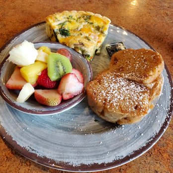 The Brunchery - Veggie quiche with fruit salad and a grilled butter rum muffin. Yum! - Breakfast & Brunch Near Me - Valrico, Florida
