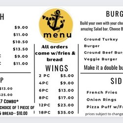 Yacht 57 - Menu: Fish, Burgers, Shrimp, Wings & Sides All orders come with Fries and Bread