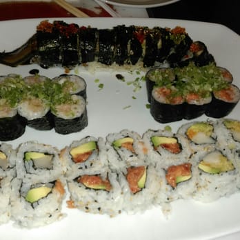 Sushi Yoshi - back, dragon roll. Middle. Yellow tail.spicy tuna. Front spicy scallop, spicy tuna w avocado,scallop - Sushi Bars Near Me - Vienna, Virginia Sushi Yoshi - back, dragon roll. Middle. Yellow tail.spicy tuna. Front spicy scallop, spicy tuna w avocado,scallop - Sushi Bars Near Me - Vienna, Virginia
