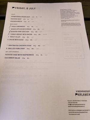 Menu photo 1 Vinohradský Parlament Prague, PR Menu photo 1 Vinohradský Parlament Prague, PR