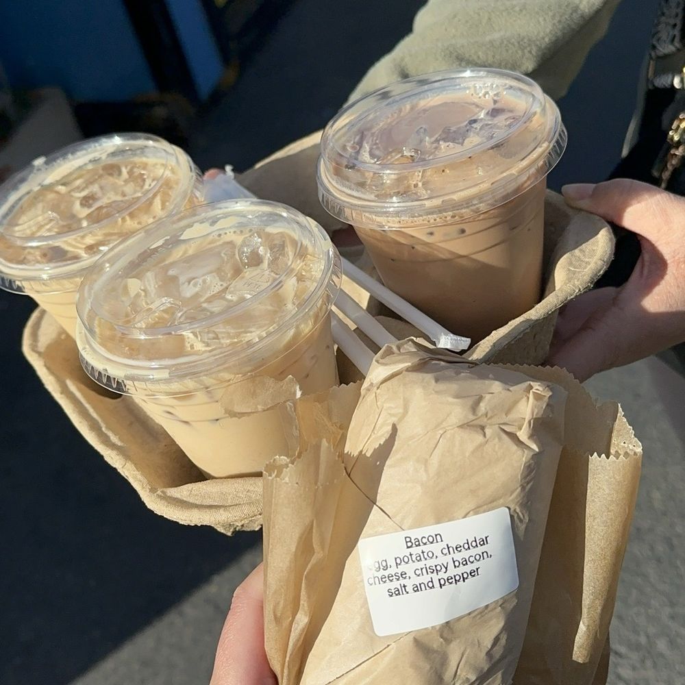 2 banana bread lattes & peanut butter cup latte Bacon breakfast burrito
