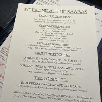 Rawbar - Prices~ - A printed menu from Rawbar in Chico, CA, listing sushi, appetizers, and beverages, with a focus on fresh ingredients and creative dishes. - Sushi Bars Near Me - Chico, California