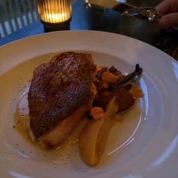 Five and Ten - Fish with a squash puree, carrots and a roasted potato. Fried leeks I believe. - New American Near Me - Athens, Georgia Five and Ten - Fish with a squash puree, carrots and a roasted potato. Fried leeks I believe. - New American Near Me - Athens, Georgia