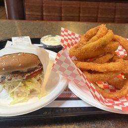 turkey burger with wheat bun, onion rings, and ranch turkey burger with wheat bun, onion rings, and ranch