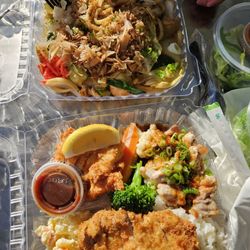 Diner Japonica - Yaki udon comes with salad (top)...3 item bento with tonkatsu, chicken katsu and teriyaki chicken...rice, potato salad and salad included...
